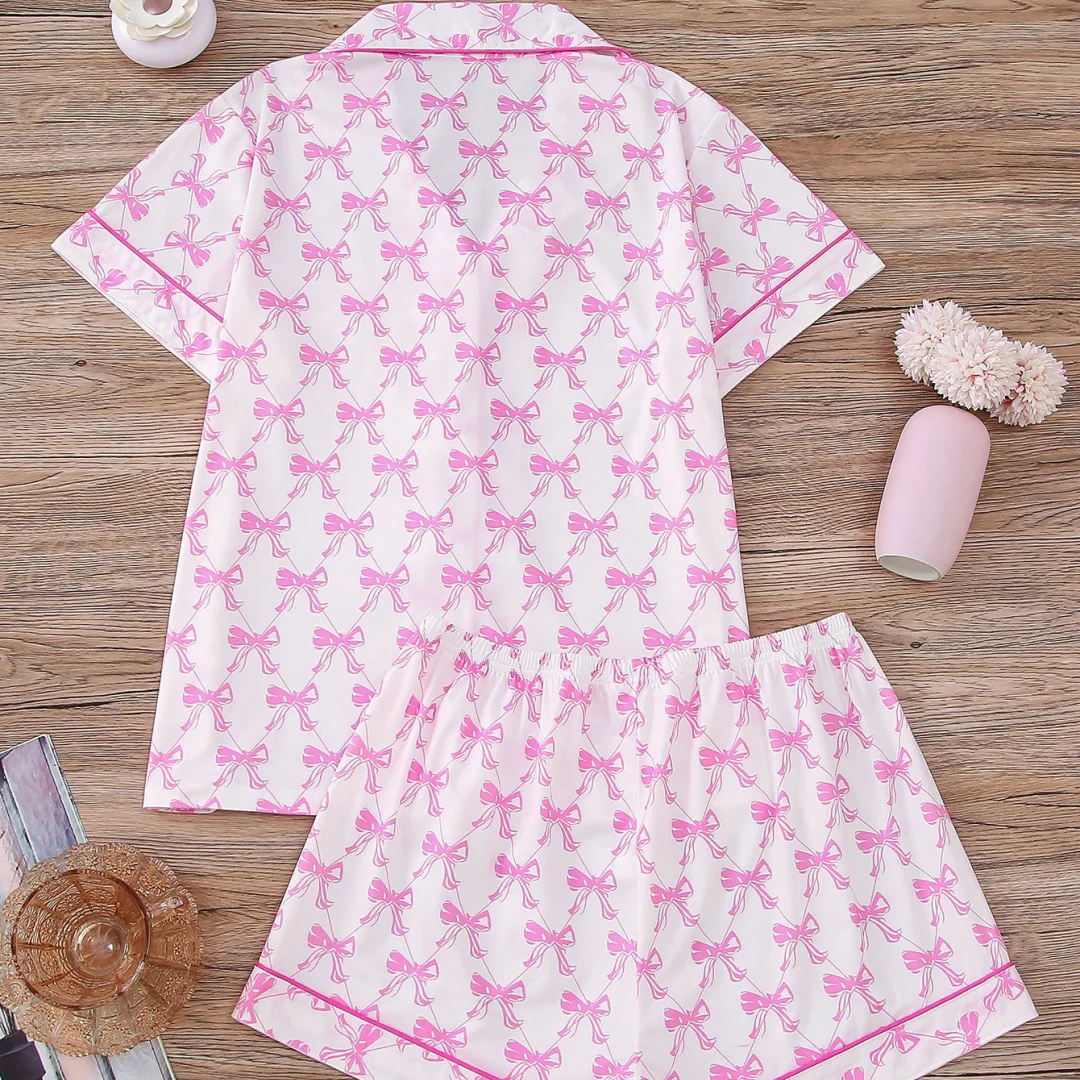 Pink Pajamas with Little Bow Print Lapel Short Sleeves and Shorts Home Wear Set Loungewear Clothes Gifts for Women