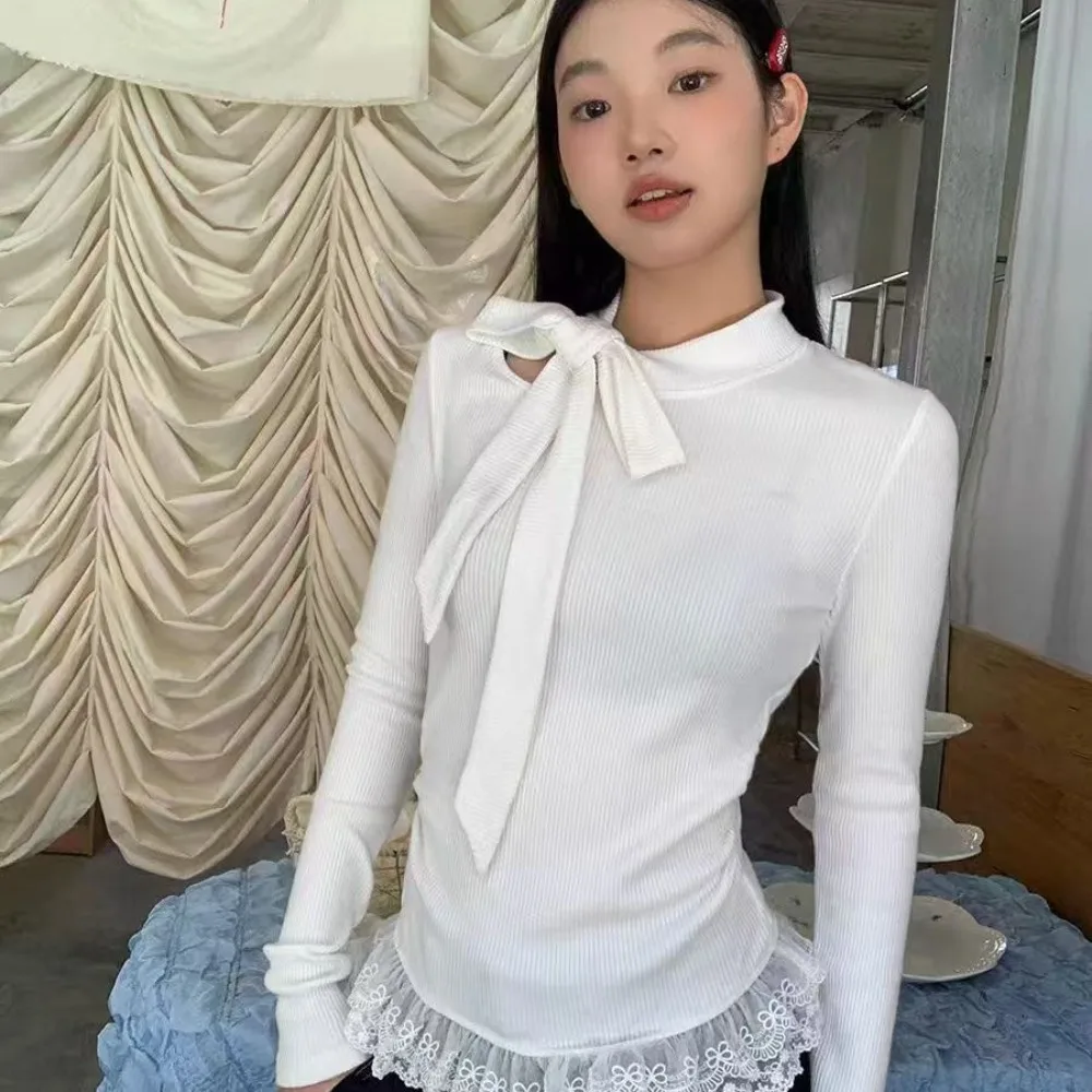 Bow Tie Ribbon Lace Trim Long Sleeve Top Jacquard Floral Slim Fit Sexy Blouse Fashion Elegant Fall Layering Shirt for Women Girl
