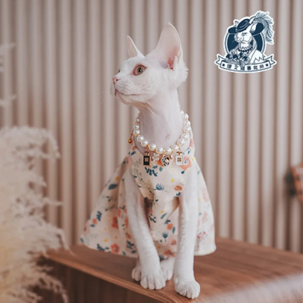 2023 Devon cat spring/summer new skirt Hairless cat Sphinx pet cat yellow floral corduroy dress