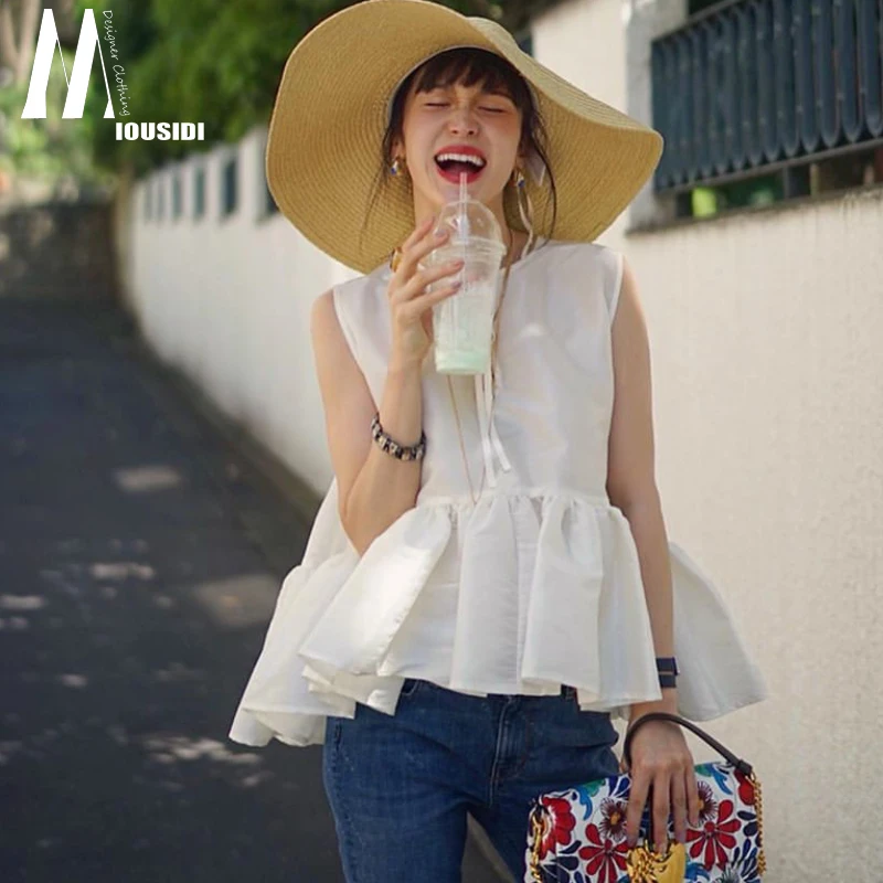 

Loose round Neck Sleeveless Fairy White Shirt for Women with Ruffle Knot Korean Style Spring Summer Casual Top