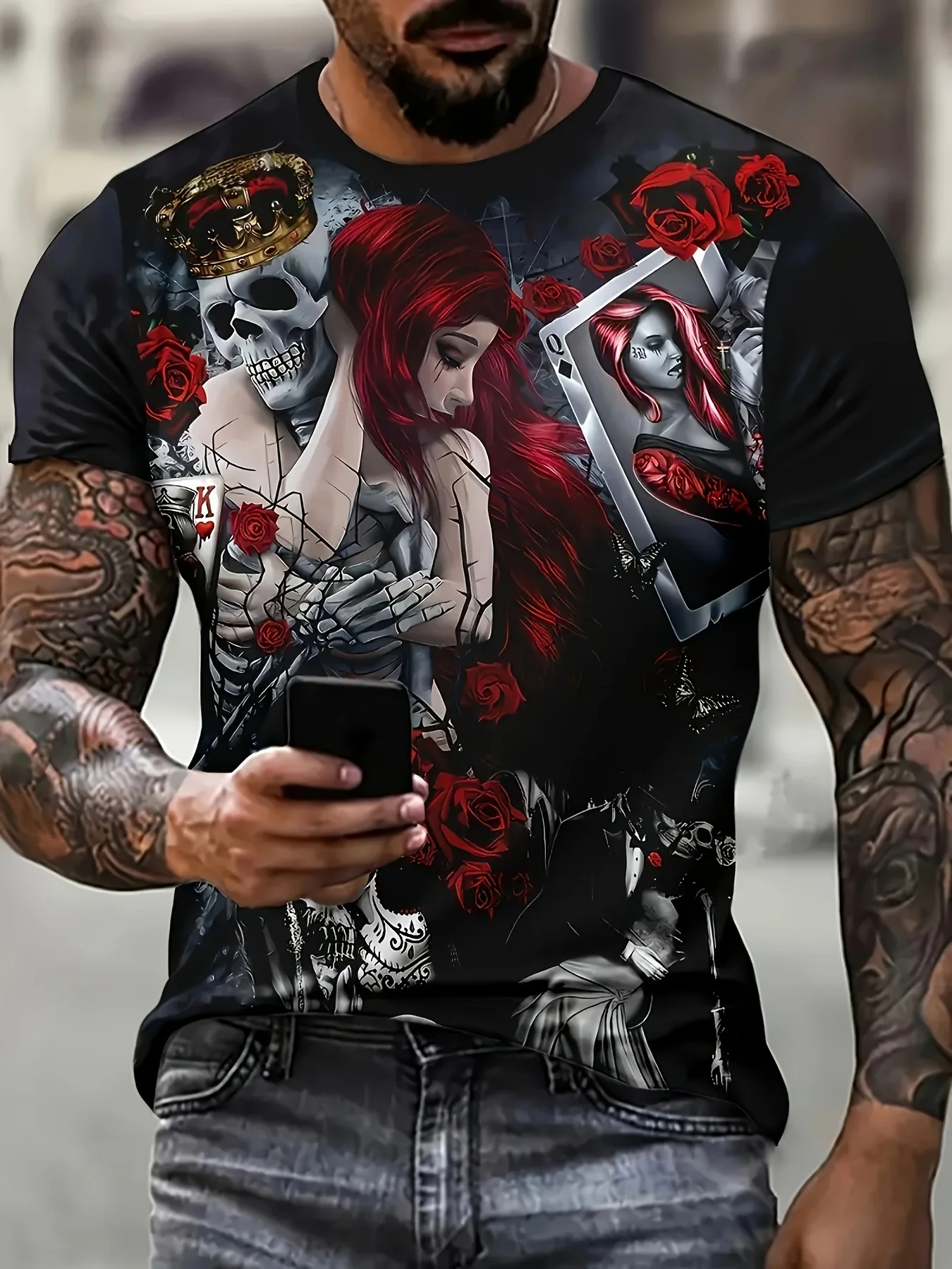 New Style Men's Rose The Skull And The Beauty Graphic Print T-shirt Short Sleeve Crew Neck Tee Men's Clothing For Summer Outdoor