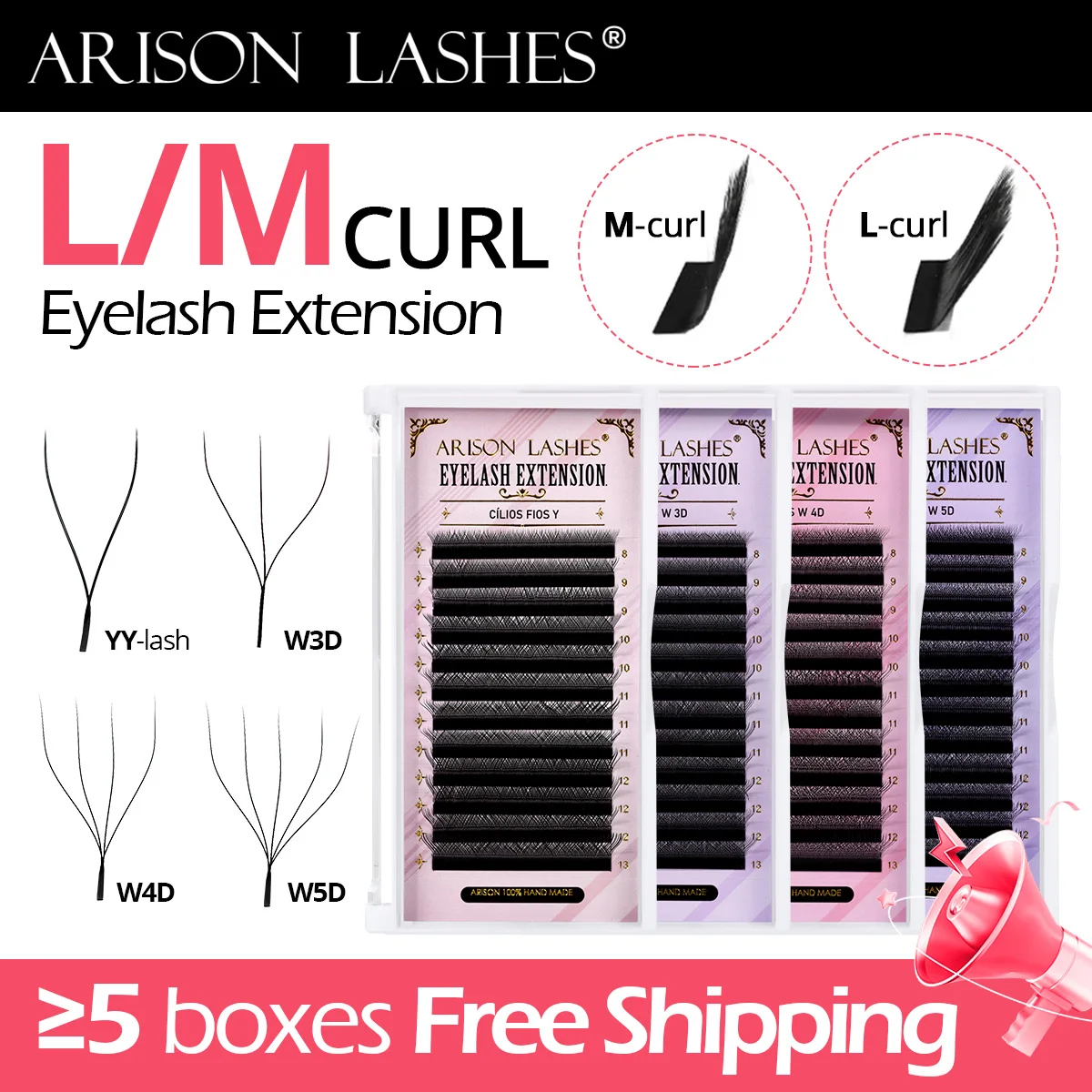 ARISON L/M Curl YY 3D 4D 5D cils en forme de W préfabriqués Volume ventilateurs Extension de cils 12 lignes maille faux cils pour Premium doux