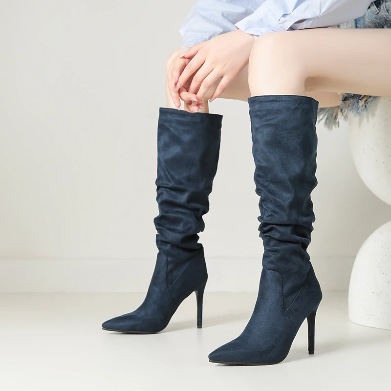 

Pointed, Ultra-High Slim Heeled Knee Length Boots For Sexy Women Flock Upper With Breathable Lining New Autumn Long Boots