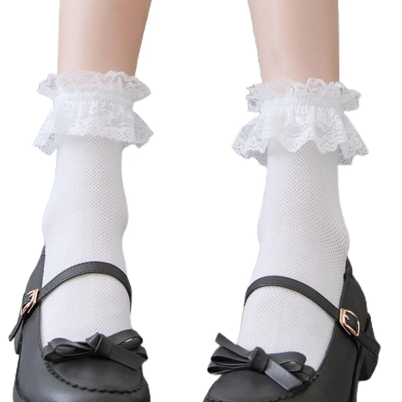 Japanese Women Girls Cotton Ankle Socks Harajuku Lolita Kawaii Ruffle Frilly Top Trim Lace Solid Color Princess Student Uniform