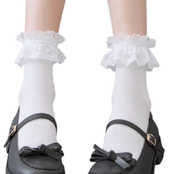 Japonês feminino meninas algodão tornozelo meias harajuku lolita kawaii plissado babados topo guarnição laço cor sólida uniforme meias