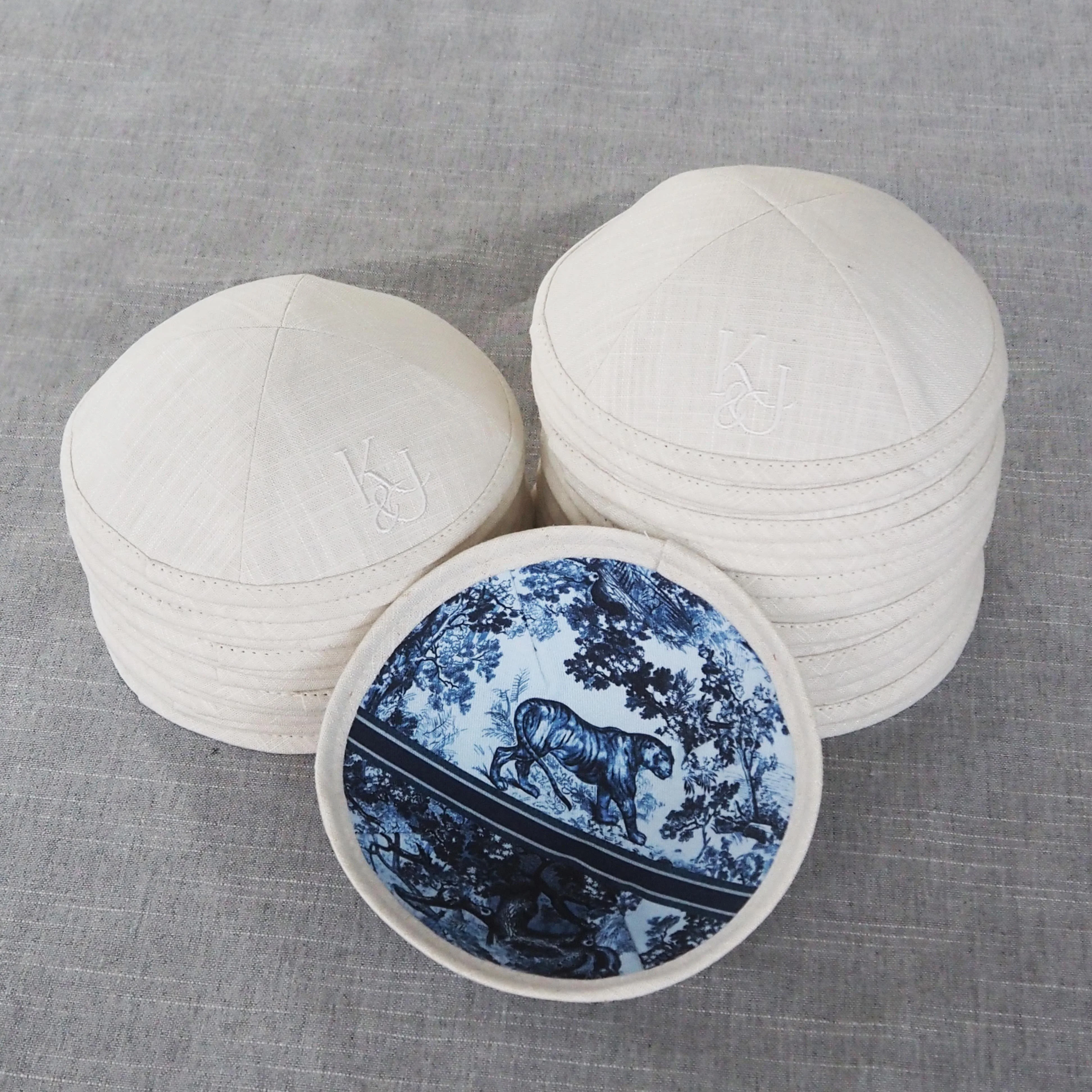 Classic Natural Linen Jewish Kippah, Custom Embroidered & Digital Printed Jewish Skullcap, Ideal Choice for Weddings and Bar/Bat
