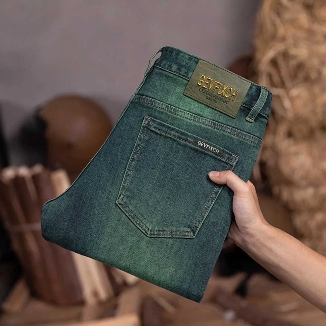 Men's Green Water Ghost Jeans Slim Fit Small Feet High Quality Gradient Color Daily Casual Youth Suitable for All Seasons