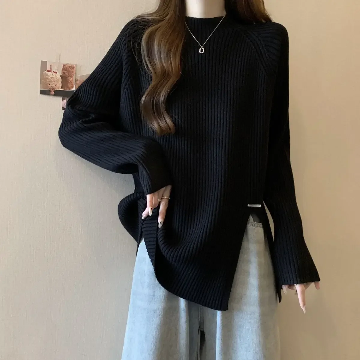 حجم كبير نصف الياقة العالية فضفاضة طويلة الأكمام المرأة قاعدة قميص الكورية نمط الدفء الشق تصميم الخريف الشتاء قمة الموضة الجديدة #1