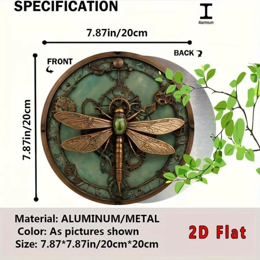 Vintage Steampunk Dragonfly Gear Metal Tin Sign, Retro 3D Effect Mechanical Dragonfly with Gears and Gemstone Round Wall Art Dec