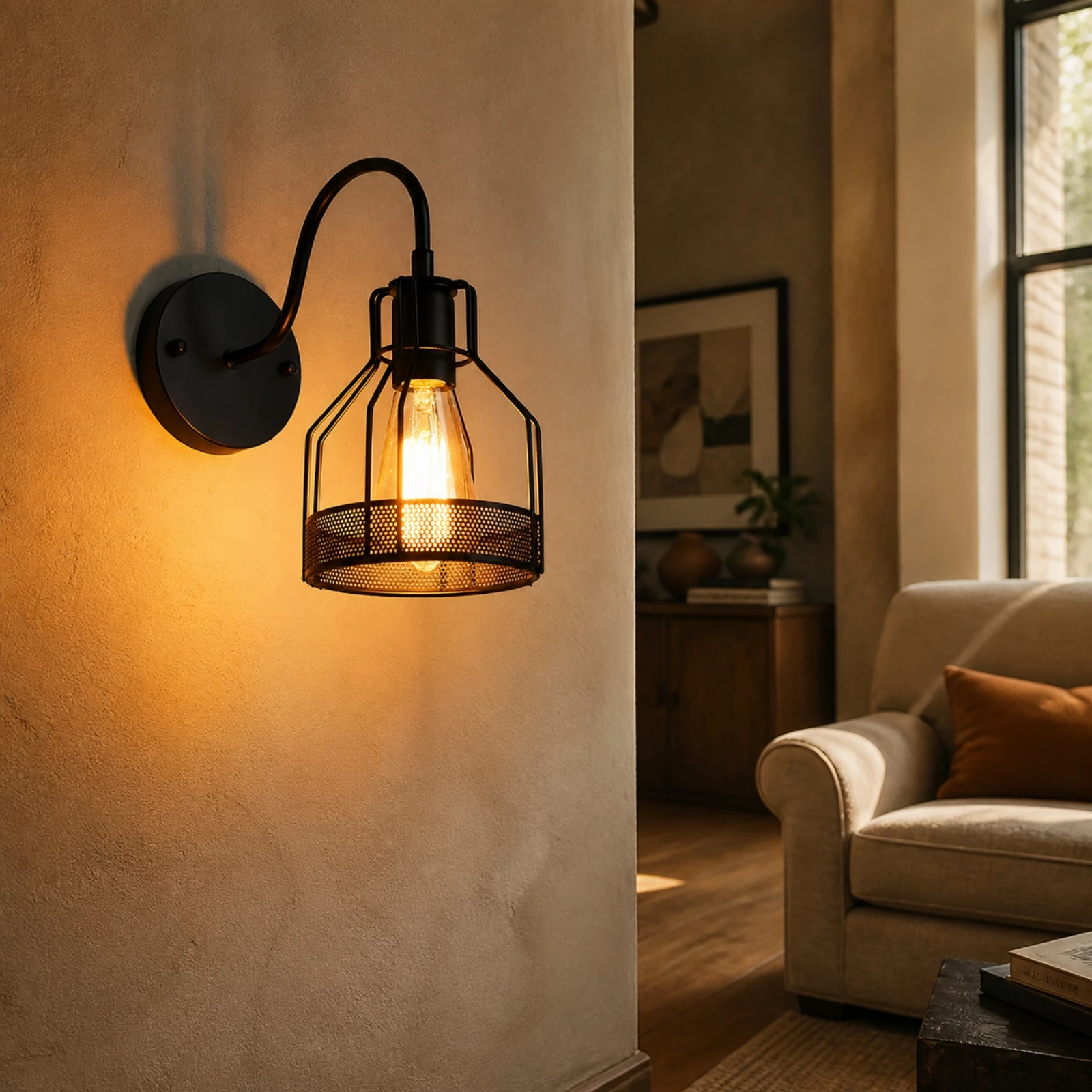 Industrial Cage Wall Light Rustic Wall-Mounted Light with Iron Cage LED Compatible Antique for Hallways, Corridors