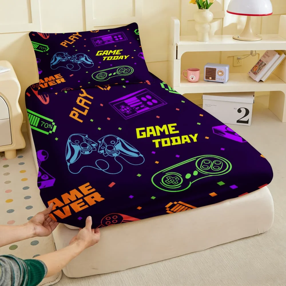 1pc Neon Retro Video Game Controller Print Fitted Sheet Deep Pocket Elastic Mattres Cover Single Double Queen King Bedroom Decor