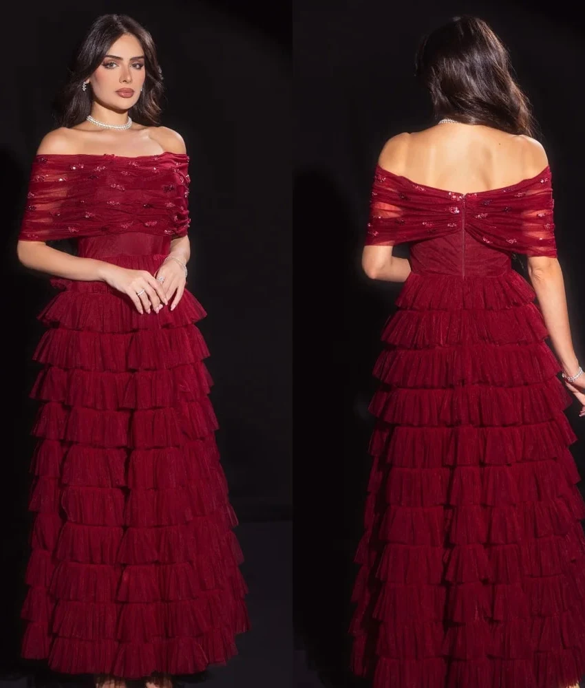 

MCDV Customized Exquisite Tulle A-Line Off the Shoulder Sequined Beading Evening Dress Delicate Boat Neck Celebrity Gowns