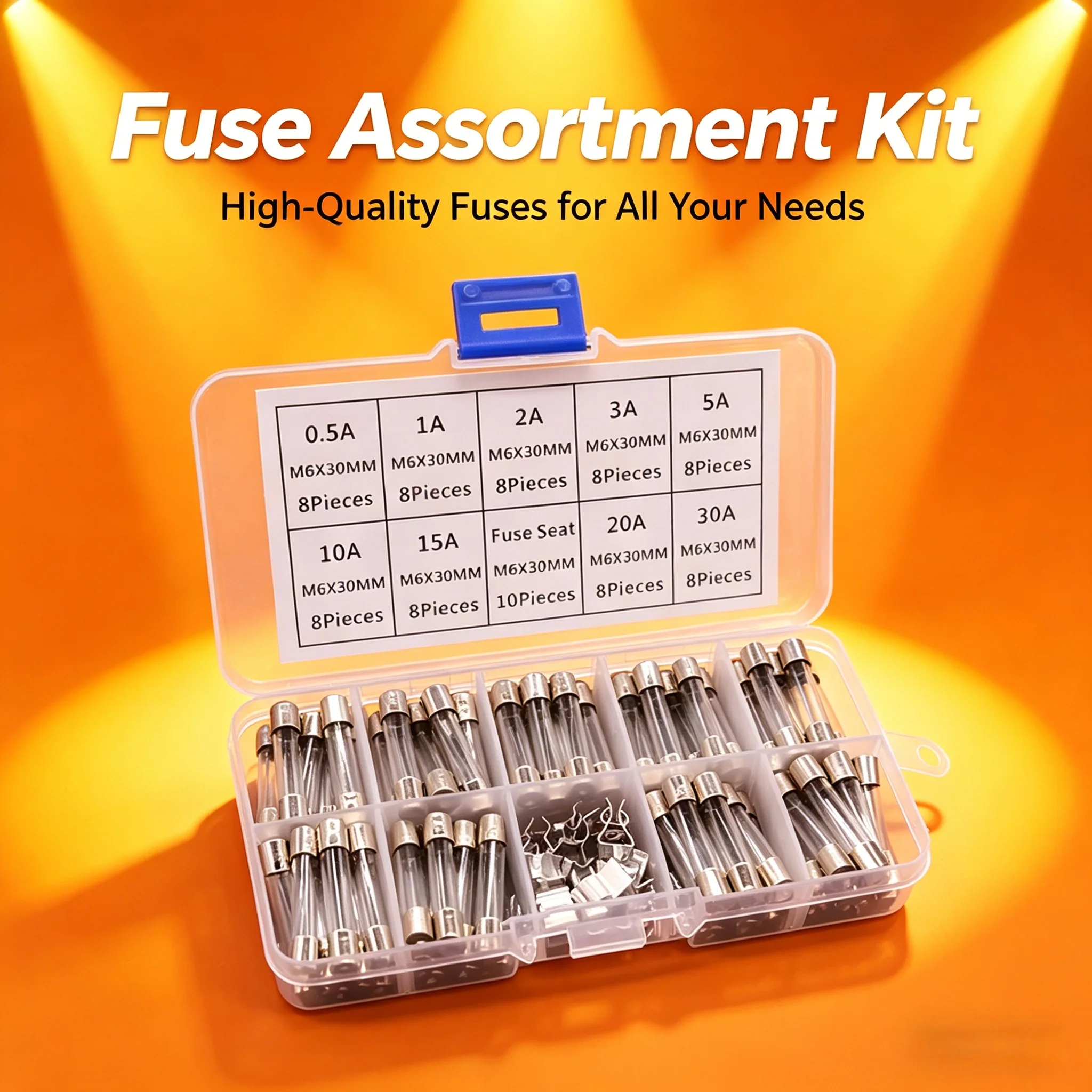 72Pcs 6x30mm Glass Fuse Tube 0.5A-30A Fast Blow Assorted Kit with Holder Bracket Universal Electric Insurance Tube Sample Box