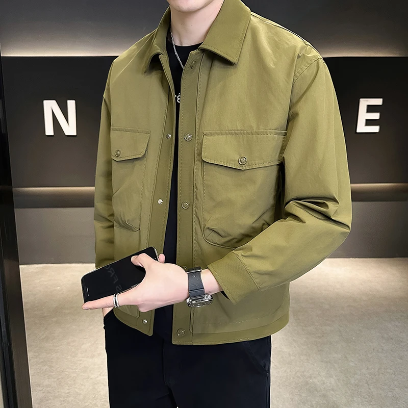 

High End Autumn Spliced Men's Jacket Long Sleeve Cargo Jackets Outwear Army Green Casual Business Windbreaker Coats Streetwear