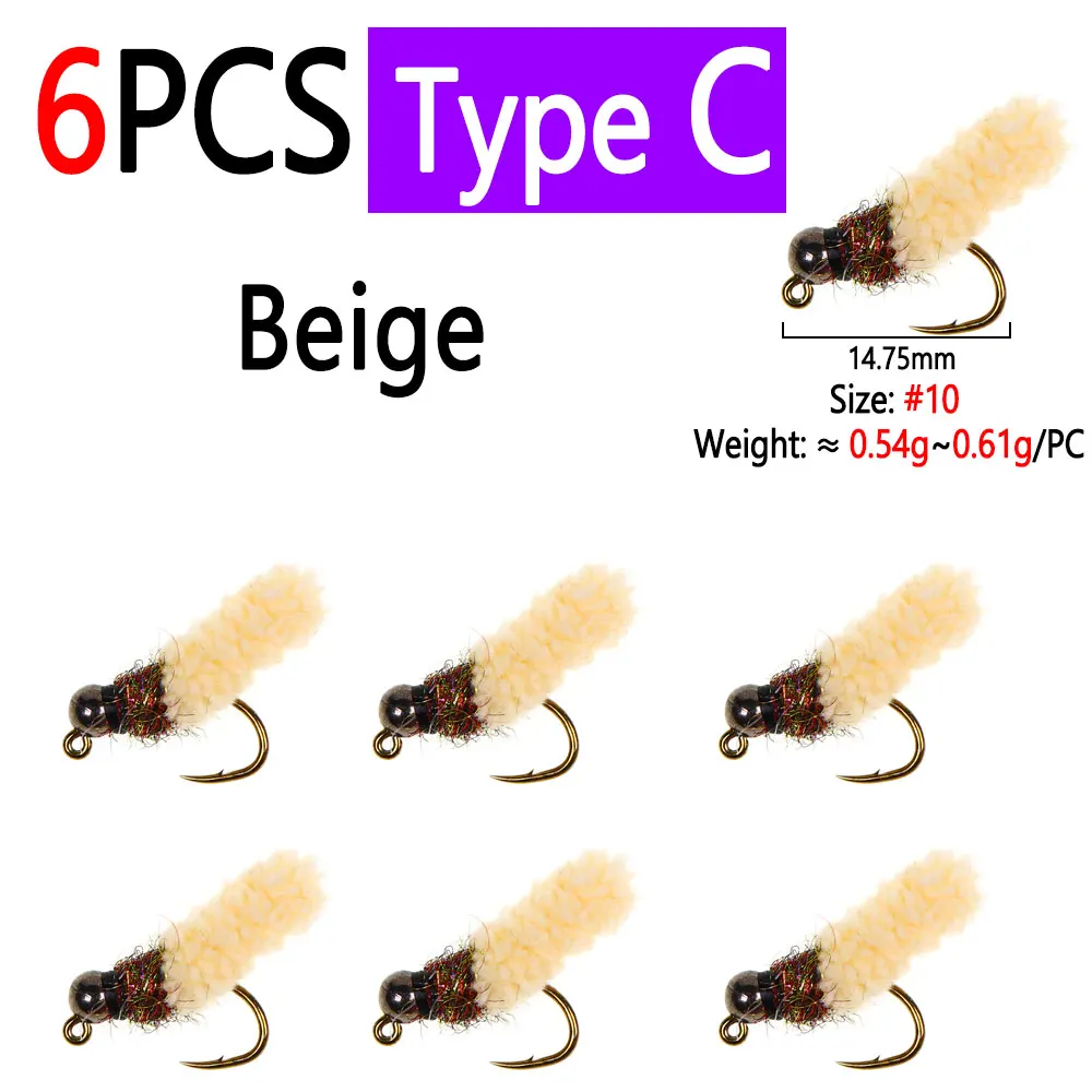 Bimoo 6 Stück Messing-/Wolfram-Kugelkopf-Mop-Fliegen, künstliche Kranichfliegen, Caddis-Larven, Nass-Jig-Nymphenfliegen für Forellen- und Fischgrälfischerei