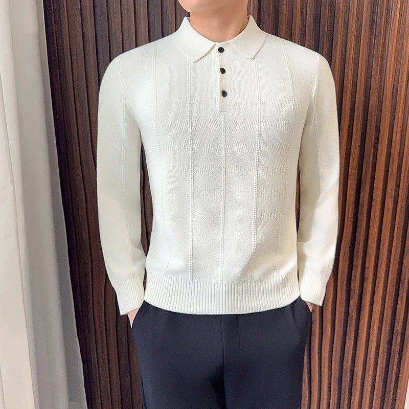 

Wide Stripes Sweaters For Men Korean Fashion Turn Down Collar Long Sleeve Knitted Man Sweater Slim Fit Casual Pull Homme 4XL-M