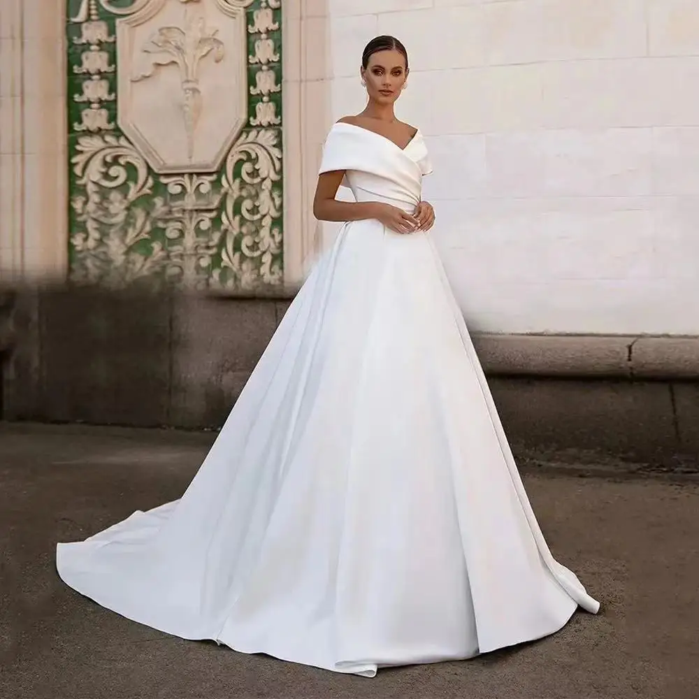 

VENSANAC Off The Shoulder Satin A Line Wedding Dress Pleat V Neck Backless Sweep Train Bridal Gown