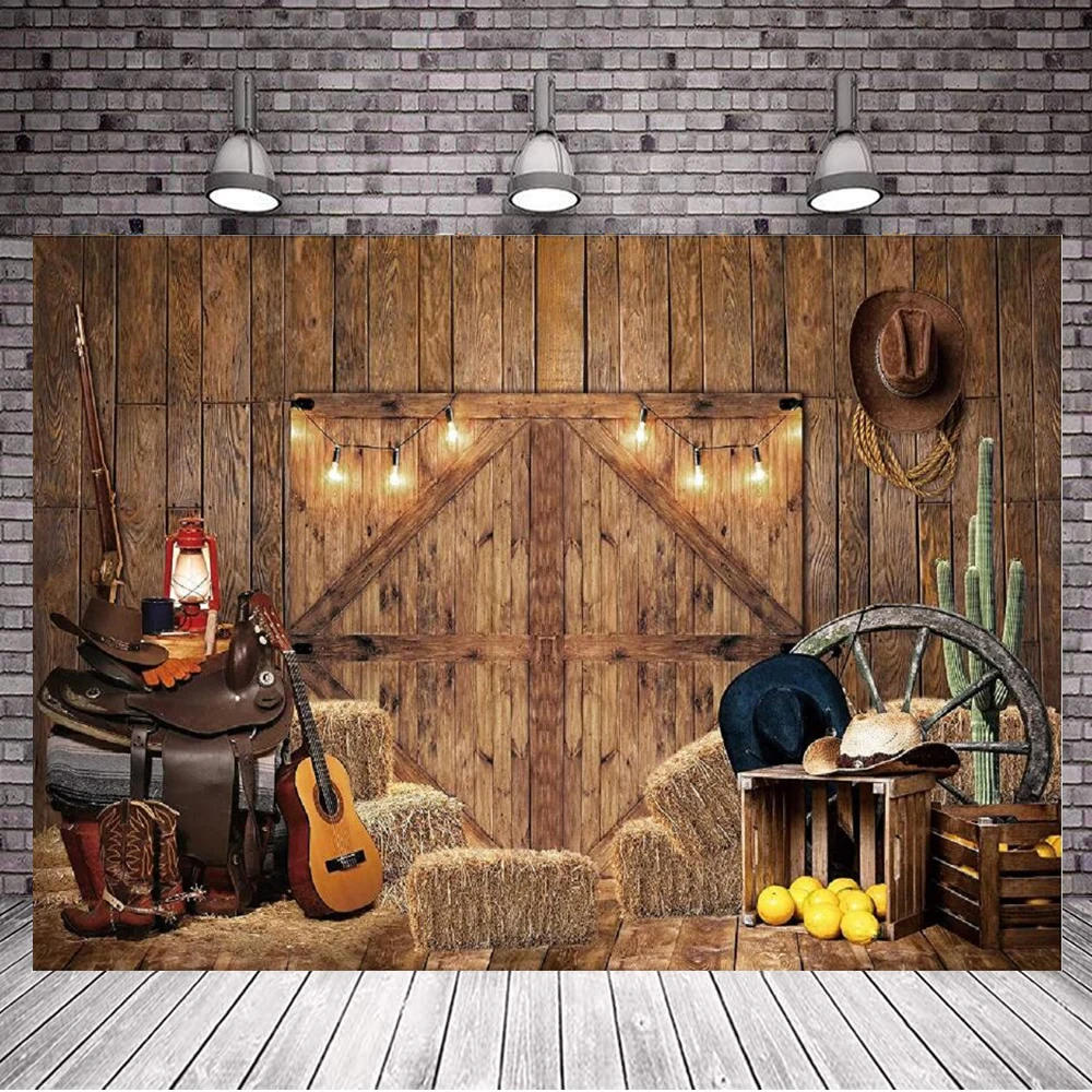 

Fall Farm Door Photography Backdrop Rustic Warehouse Barnyard Background For Old Western Cowboy Children Birthday Party Decor