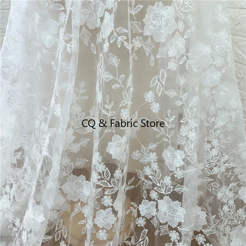 

Off White Exquiiste блестки Французский тюль с вышивкой кружевная ткань для свадебного платья длиной до двора