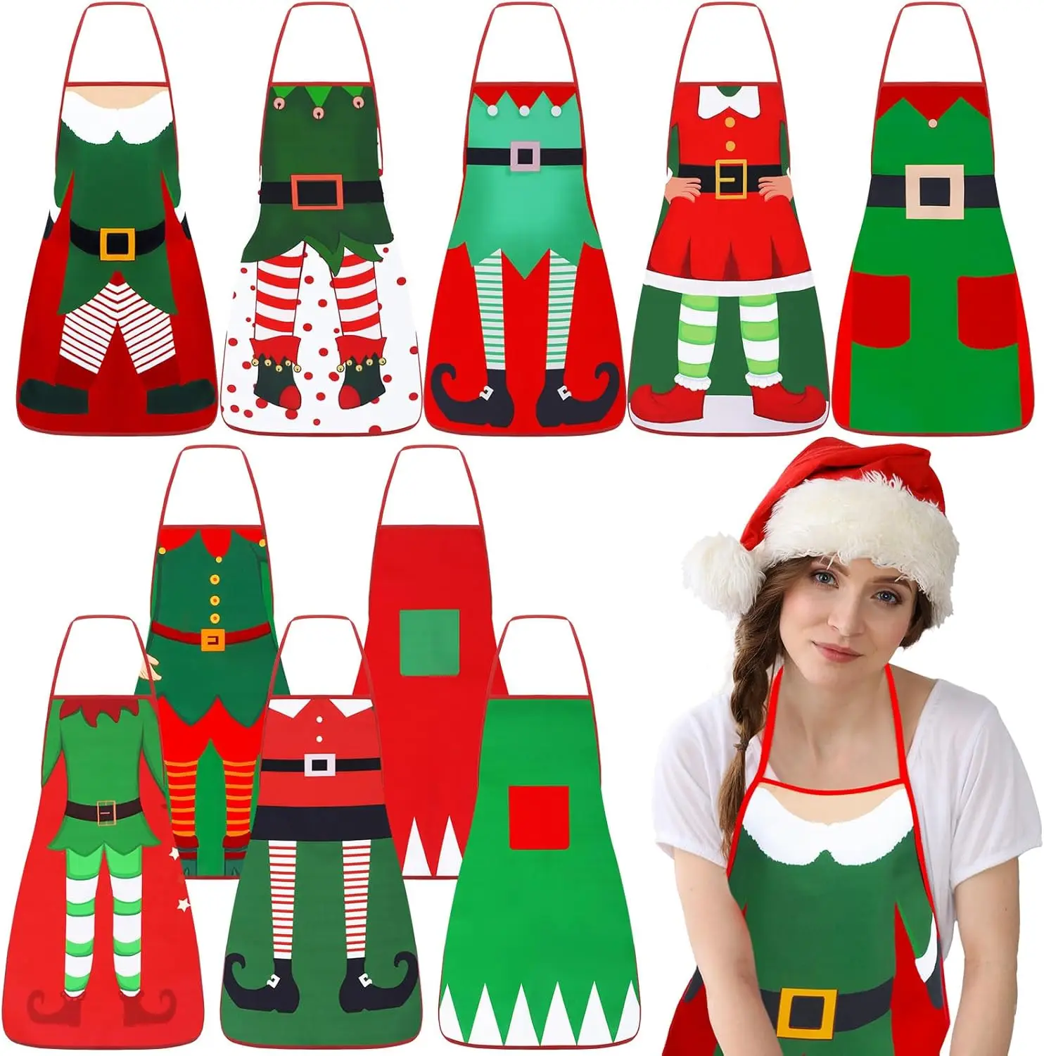 

Набор из 10 рождественских фартуков-эльфов, регулируемые кухонные фартуки для готовки, забавные фартуки для шеф-поваров, для мужчин и женщин, на Рождество (зеленые и красные)