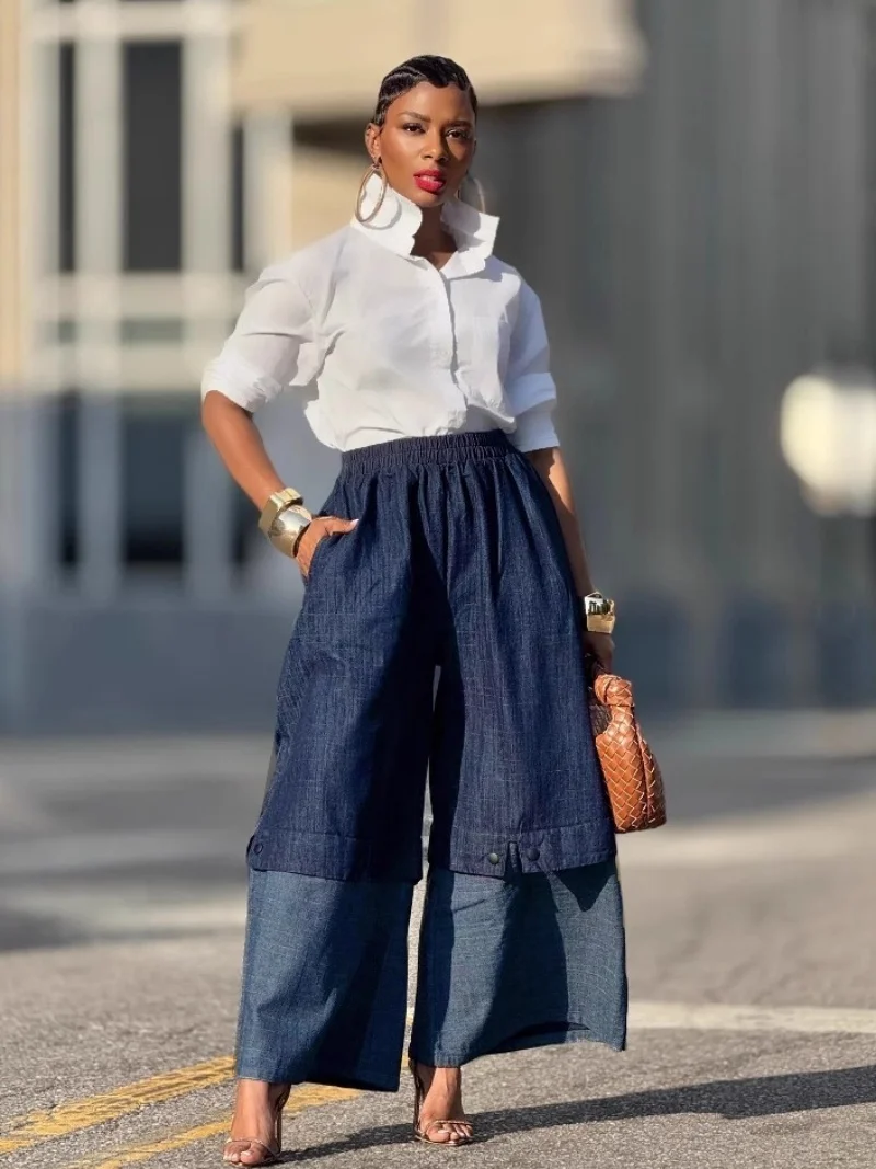 

Уличная одежда, лоскутные джинсовые брюки, весенняя одежда, женские широкие джинсы с эластичной резинкой на талии, женские повседневные свободные джинсовые брюки