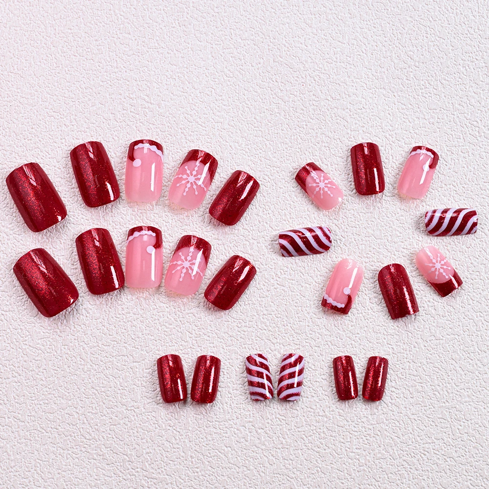 24 Stücke Weihnachten Rot Glitter Gefälschte Nägel Weihnachten Hut Weiße Schneeflocke Streifen Design Drücken Sie Auf Nagel Kurze Quadratische Weihnachten Falsche nagel Tipps