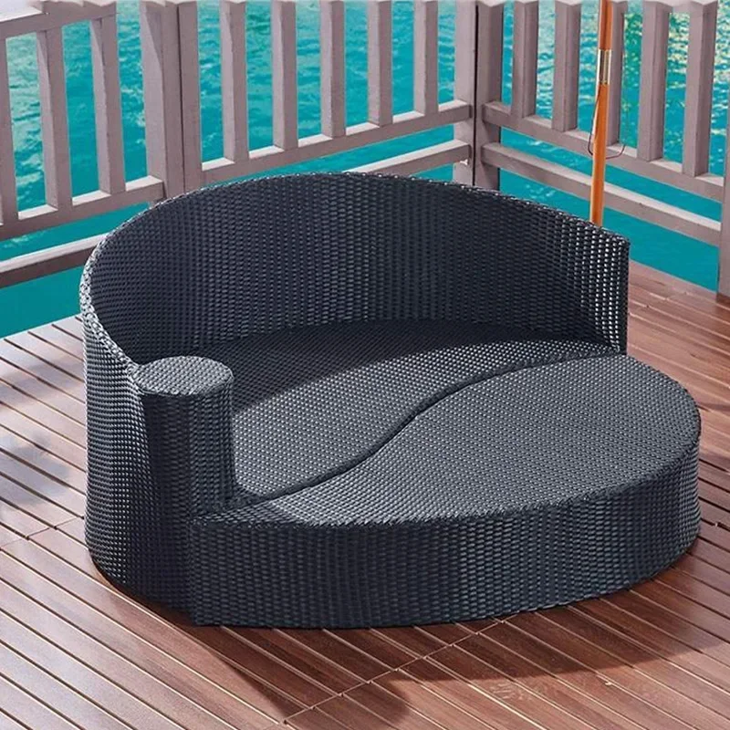Cama ao ar livre, piscina de lazer villa, arte de vime cama preguiçosa de lazer criativa, tecelagem de vime de pátio de parque, móveis redondos