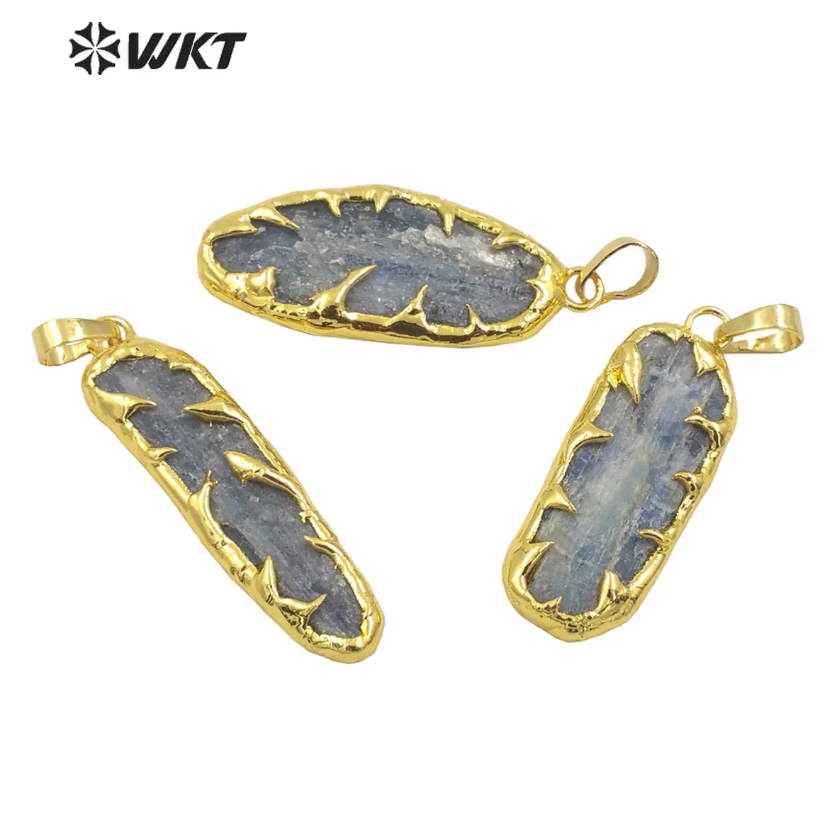 WT-P1961 Wholesale Fashion Gold Plated Boho Raw Stone Handmade Welding Unique Blue Kyanite Jewelry Pendants 10PCS