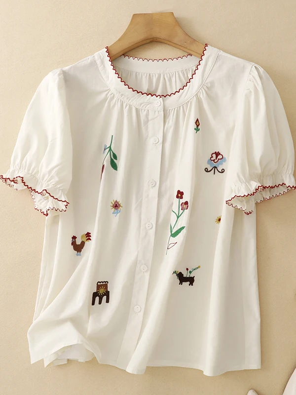 

Retro Embroidered Floral Bubble Sleeve Shirt Women's Summer Anti-Aging Loose round Neck Doll Shirt Thin Cotton Casual Shirt
