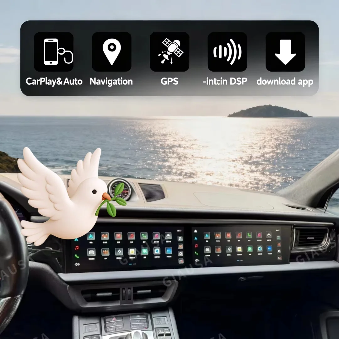 

Двухэкранный мультимедийный проигрыватель Android 13 для Porsche Macan 2014-2017, автомобильная магнитола с CarPlay, GPS-навигацией и стереосистемой