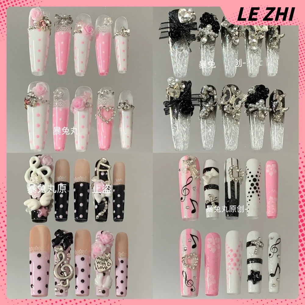 

10Pcs Spicy Girl Long Coffin Handmade Press On Nails Rhinestone Flower Polka Point Musical Notes Bowknot Nail Party Sticker Gift