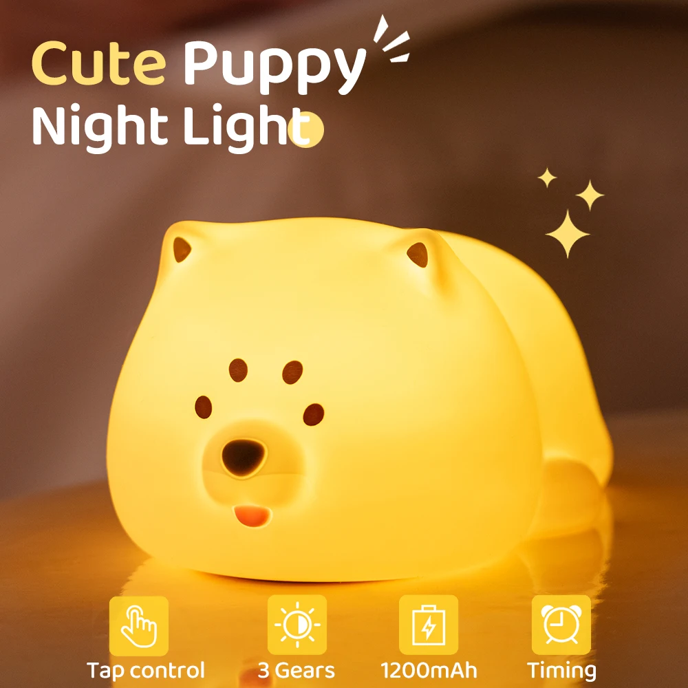 Cute Dog Silicone Night Light Rechargeable Dimmable Nursery Sleeping Lamp Kawaii Cordless Touch Nightlight For Kids Room Decor