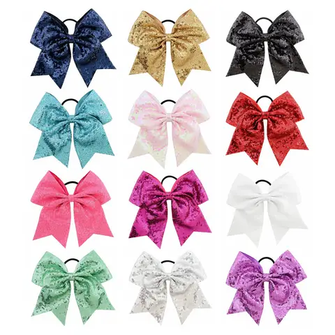 1 pc 8" Bling Glitter Sequins Pigtail Bows for Kids Large Sparkly Cheerleading Bowknot Ponytail Holder Girls Elastic Hair Ties