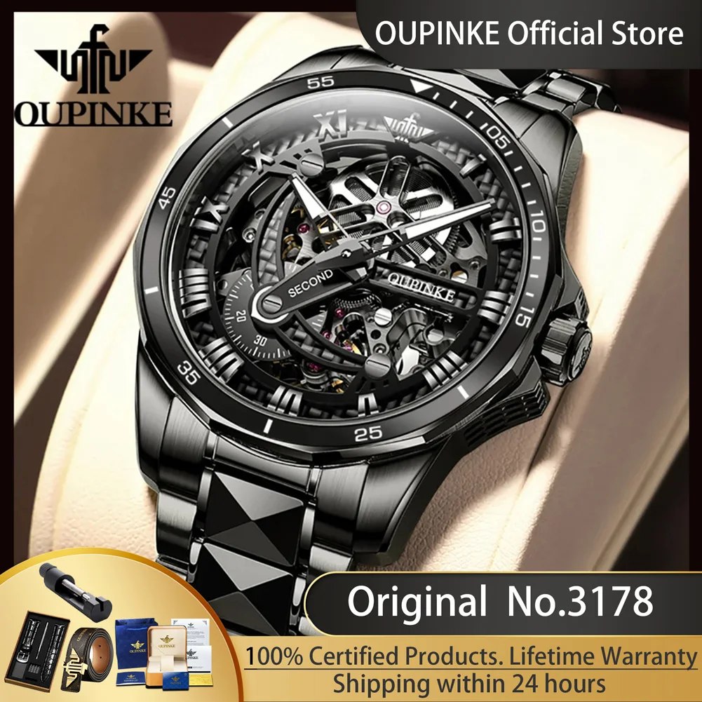 

OUPINKE 3178 Black Skeleton Automatic Mechanical Men's Watches Tungsten Steel Strap Sapphire Mirror Luxury Wristwatch for Men