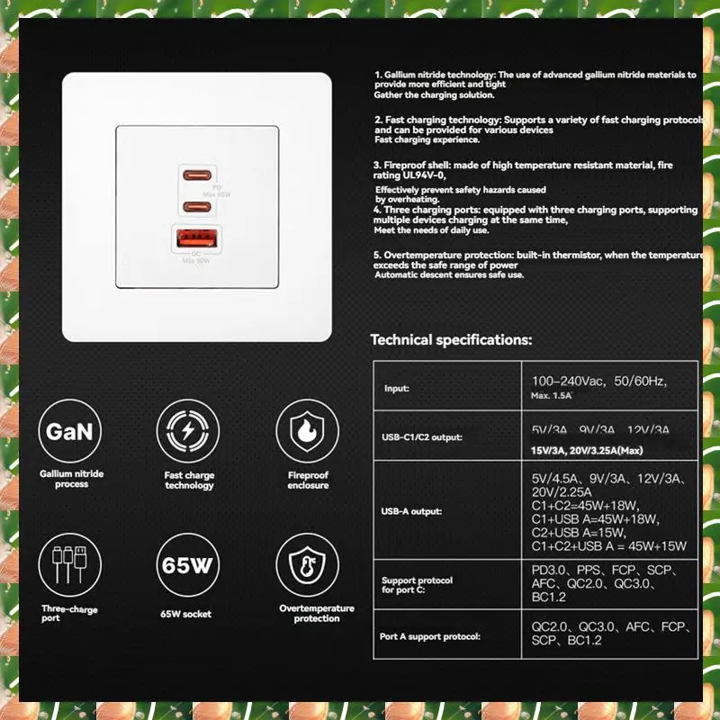 

JAJA 65W Fast Charging PD3.0 Wall Electrical Outlet Charger Gan Socket 3 Ports Type C USB A Overtemp Protection