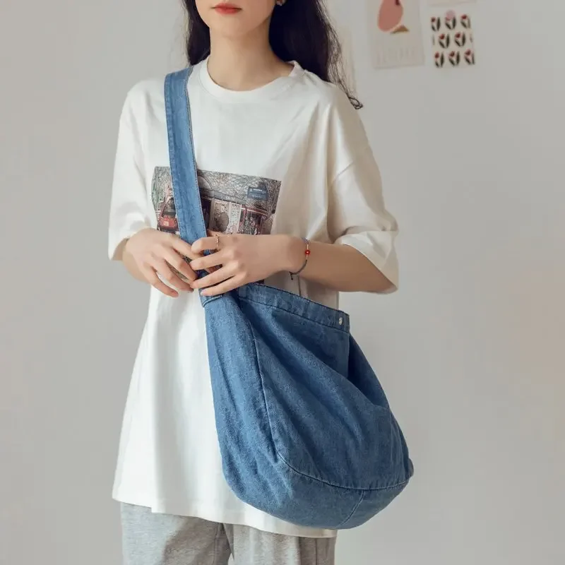 Large Capacity Shoulder Bags for Women Harajuku Cowboy Crossbody Bags Retro Casual Students Bookbags Tote Bags Solid Color Denim