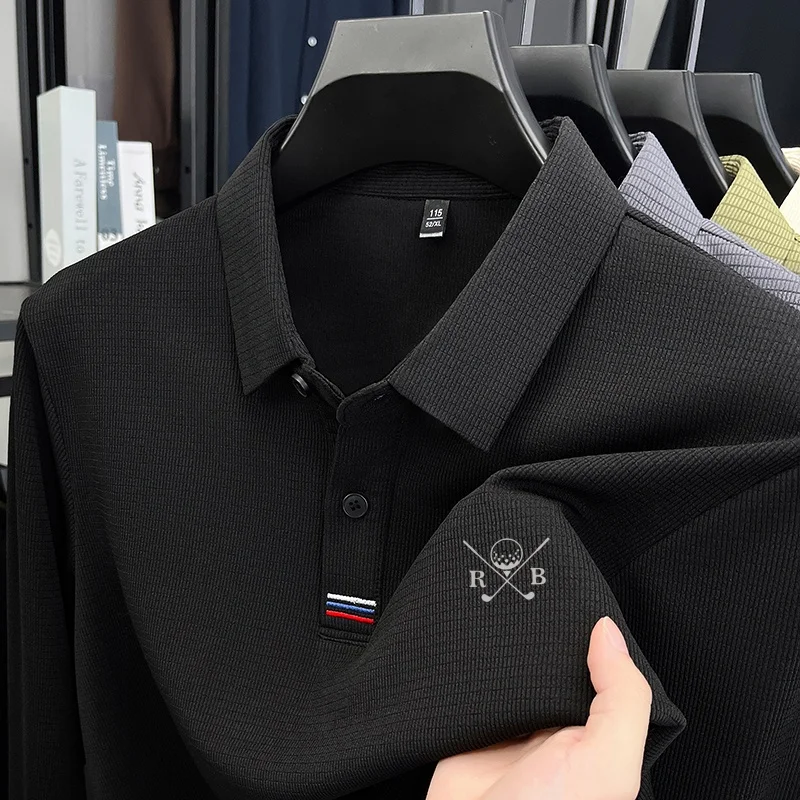 Neues Herren-Polohemd mit modischem Print, Original Frühling-Herbst, warmes, einfarbiges Langarm-T-Shirt, bequem für den Alltag, Büro, Herrenbekleidung – Detail 4