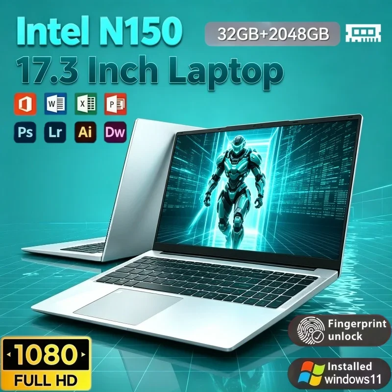 Intel N150 Core 17.3 Inch 4K Laptop Win11 32GB RAM 2TB SSD Storage WiFi6 Fingerprint Unlock Gaming Notebook For Home Office Game