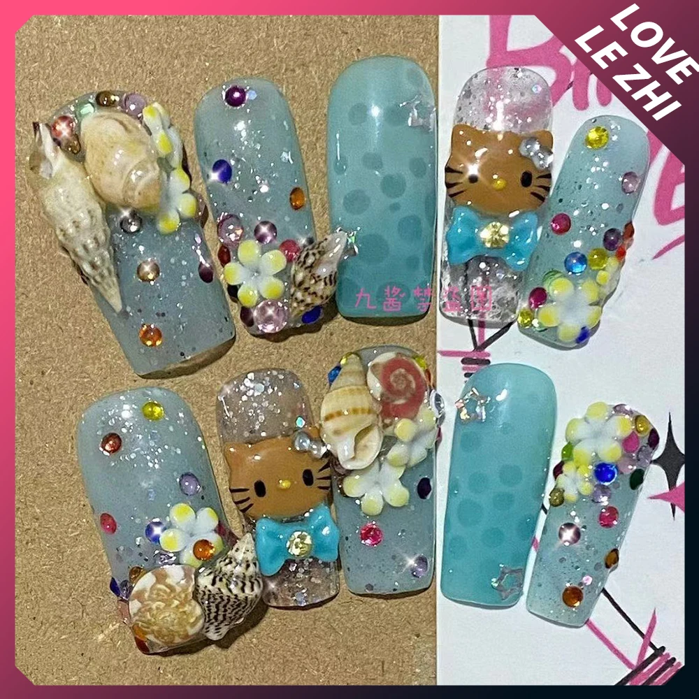 Sanrioed Summer Music Conch Hello Kittys Handmade Press On Nails Diy Short Ballet Star Diamond Guitar Handmade Fake Nail