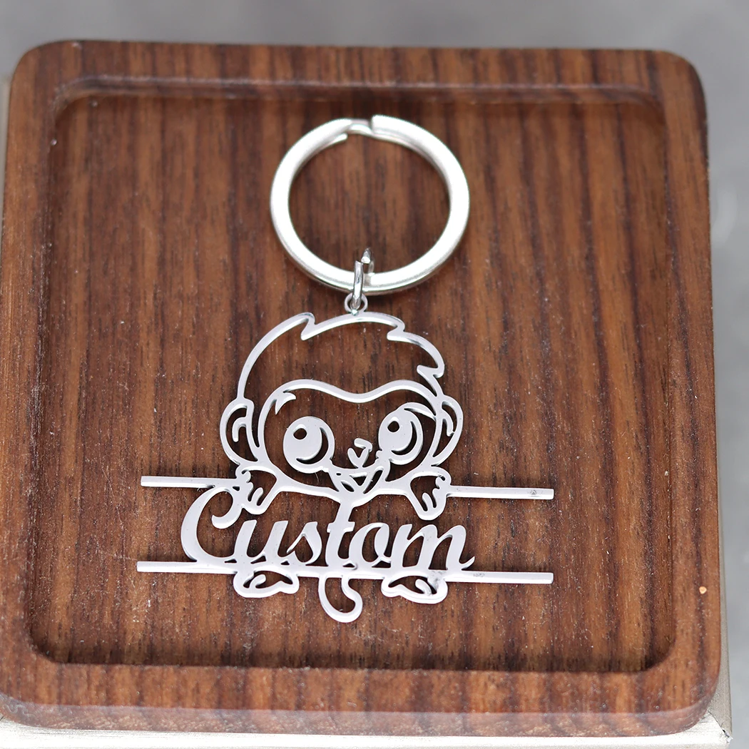 

QIMING Custom Name Monkey Keychain For Women Stainless Steel Customized Pendant Key Ring Trendy Jewelry Birthday Gift