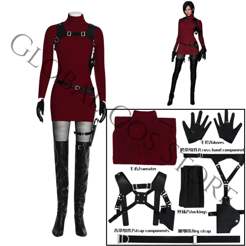 Movie Resident Evil 4 Remake Cosplay Ada Wong Costume Gloves Sweater Props Wig Set for Halloween Carnival Party Dress Up view 2