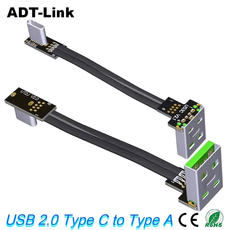 ADT-Link FPV USB 2.0 Flat FPV Ribbon Extension Cable Type A to Type C 90 Degree Angled Cable Flexible Adapter for Video Card