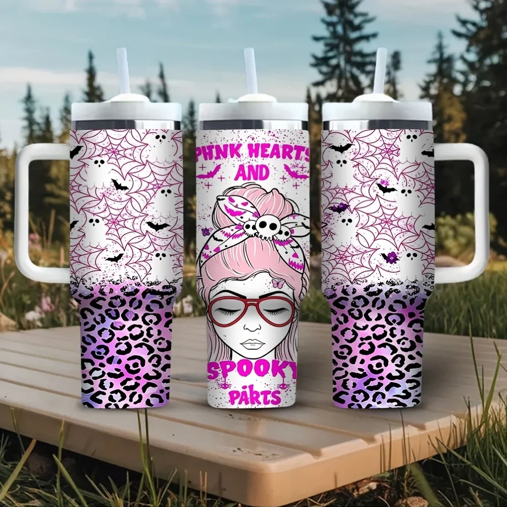 40Oz Tumbler with Handle, Pink Hearts Spooky Parts Ghost Bat Leopard Print, Perfect for Women Who Love Halloween, Suitable for Both Hot And Cold Drinks, Ideal for Daily Use Outdoor Travel And Halloween Parties