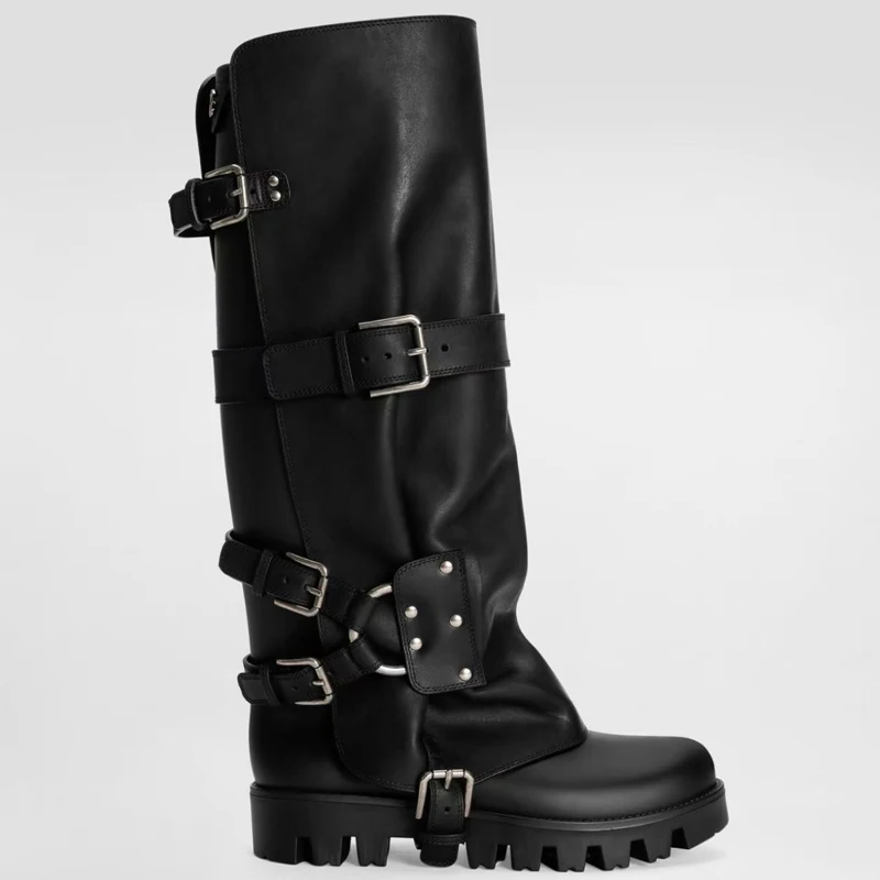 

Black Platform Multiple Metal Belt Buckles Knee-High Boots Woman Winter 2026 Punk Style Women's Thick Sole Gear Bottom Boots