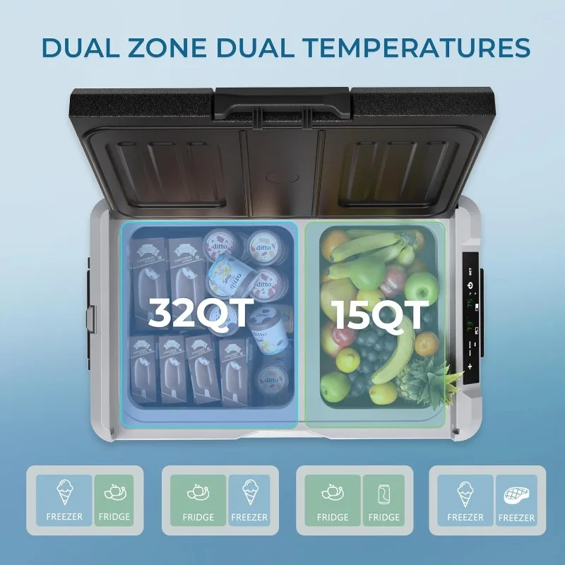 ثلاجة EUHOMY 12 فولت، مبرد كهربائي مزدوج المنطقة 47QT(45L)، فريزر محمول 12 فولت/24 فولت تيار مستمر 110-240 فولت تيار متردد، ثلاجة 12 فولت -4 ℉ ~68 ℉