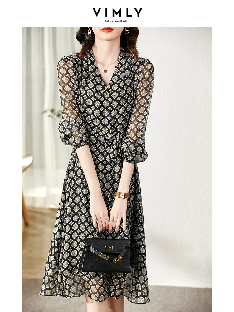 Vimly Black Printed Chiffon Dress for Women 2023 Spring Autumn Elegant V-neck Long Sleeve Tied Belt Female Vintage Dress V0791