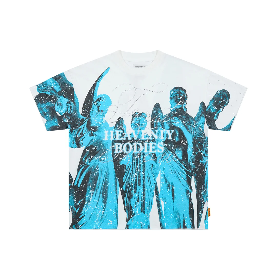Fashion Oversized White Rhinestone Tee Men FIRST ROW Blue Angel Print T-shirt Retro Y2K Streetwear Loose Crew Neck Casual Shirts