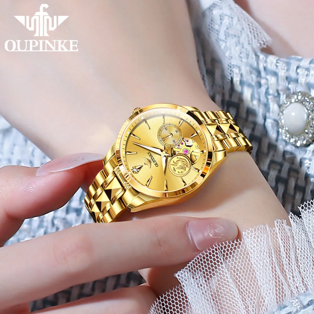 OUPINKE 3260 Real Diamond Real Gold Women Watch Top Luxury Brand Watches Tungsten steel Strap Luminous Ladies Wristwatch Set