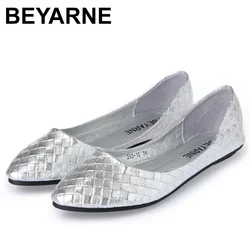 BEYARNE Ladies Ballet Flats Weaving Gold Silver Shoes Pointed Toe Breathable Slip-Ons Summer Plus size 35 41E522