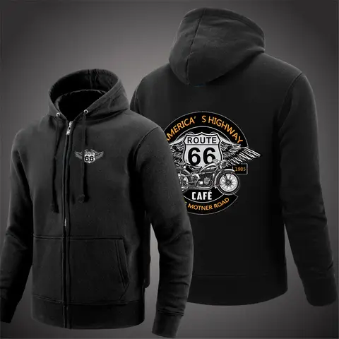 Vintage Route 66 남성용 긴 소매 인쇄 솔리드 컬러 지퍼 후드 긴 소매 자켓 캐주얼 운동복 까마귀 풀오버 탑